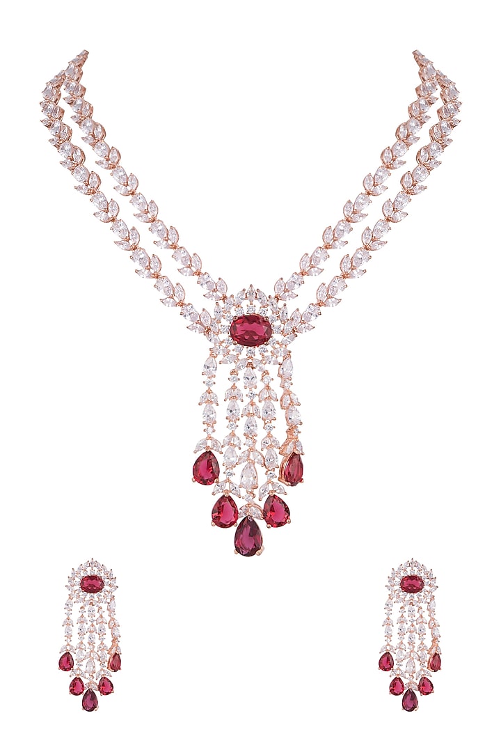 Rose Gold Finish Faux Diamond & Red Stone Necklace Set by Aster at Pernia's Pop Up Shop