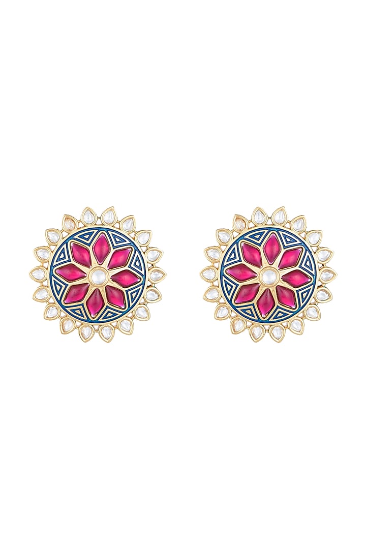 Yellow Rhodium Plated Blue Enamelled Kundan Stud Earrings by Aster at Pernia's Pop Up Shop