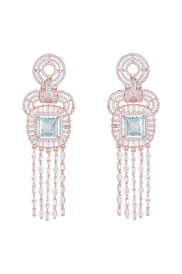 Rose Gold Finish Faux Diamond & Blue Stone Earrings by Aster at Pernia's Pop Up Shop