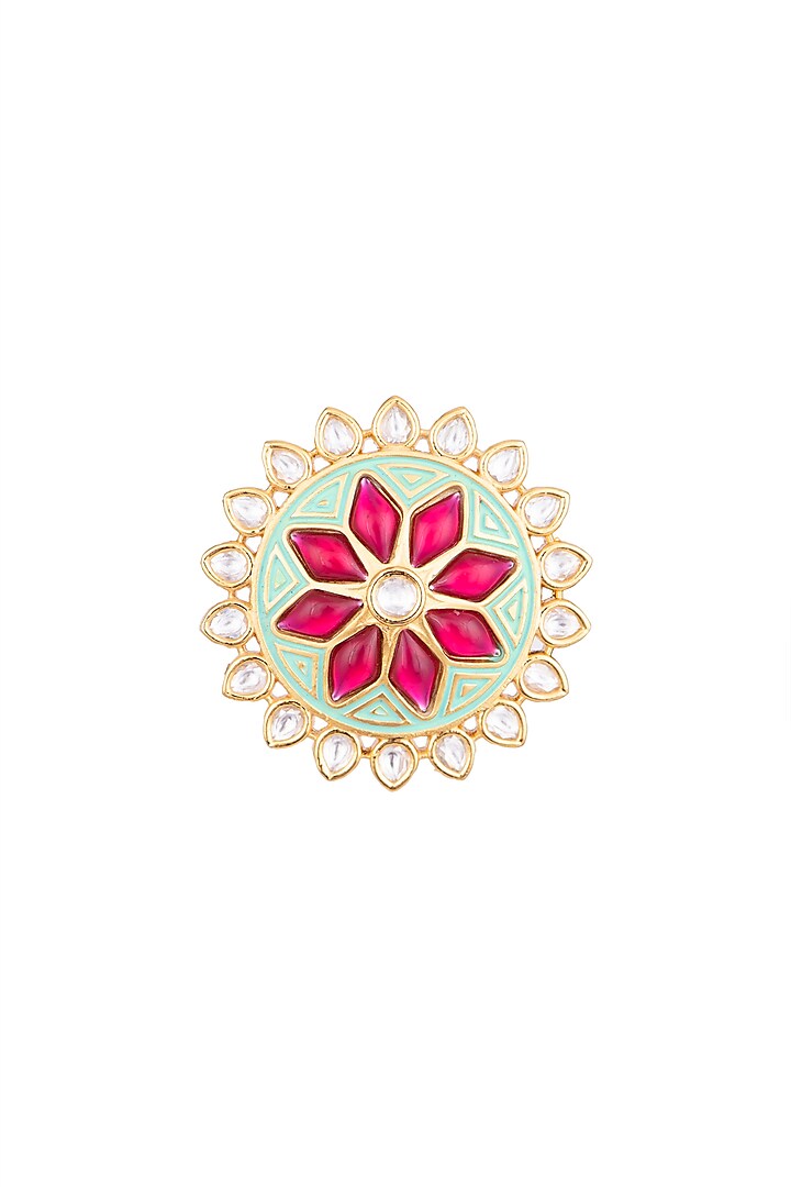 Yellow Rhodium Plated Turquoise Green Enamelled Kundan Ring by Aster