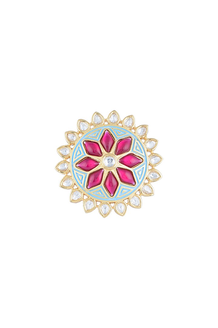 Yellow Rhodium Plated Turquoise Blue Enamelled Kundan Ring by Aster at Pernia's Pop Up Shop