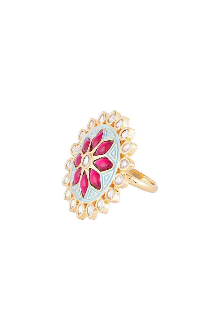 Yellow Rhodium Plated Turquoise Blue Enamelled Kundan Ring by Aster at Pernia's Pop Up Shop