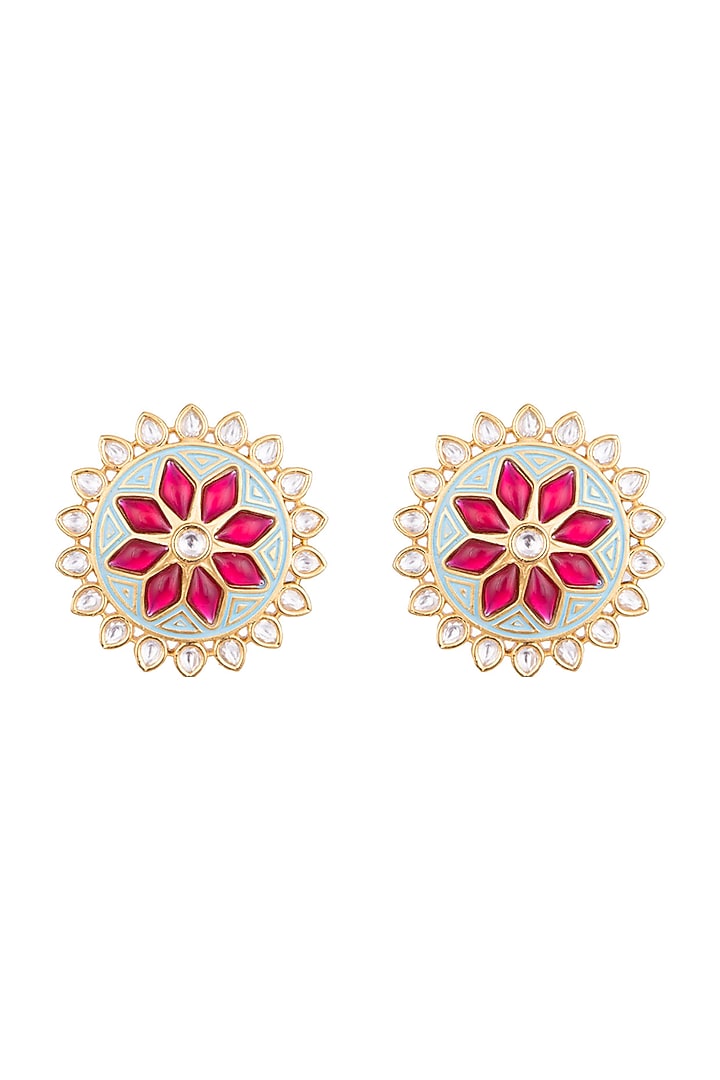 Yellow Rhodium Plated Turquoise Blue Enamelled Kundan Stud Earrings by Aster at Pernia's Pop Up Shop