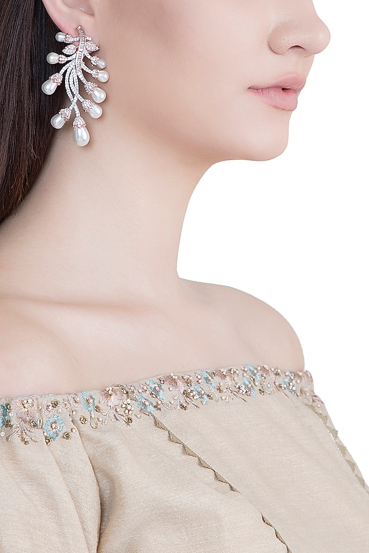 Rose Gold Plated Faux Diamond & Pearl Earrings by Aster