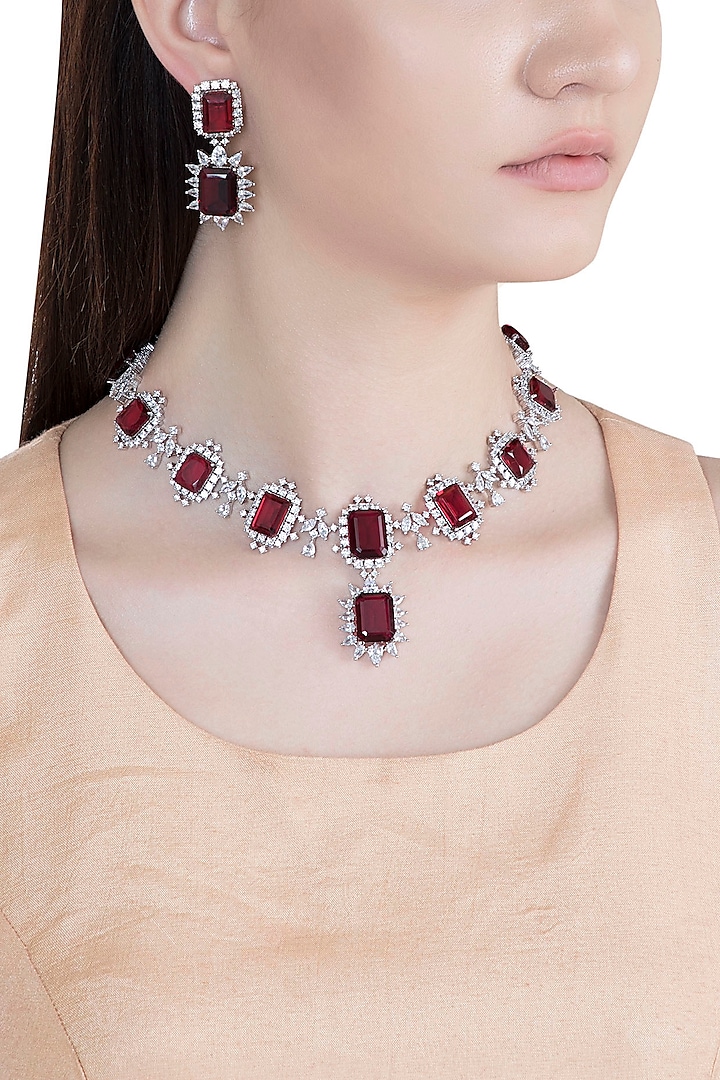White Rhodium Plated Faux Diamond & Red Stone Necklace Set by Aster