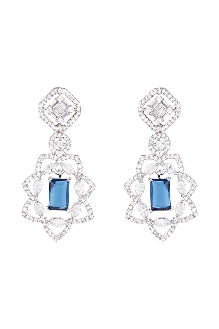 White Rhodium Plated Faux Diamond & Blue Stone Earrings by Aster at Pernia's Pop Up Shop
