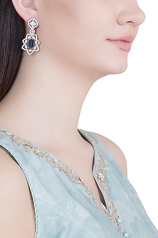 White Rhodium Plated Faux Diamond & Blue Stone Earrings by Aster