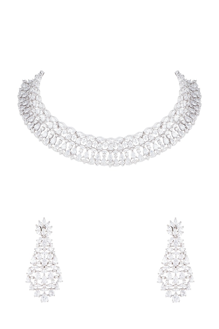 White Rhodium Plated Faux Diamond Necklace Set by Aster at Pernia's Pop Up Shop