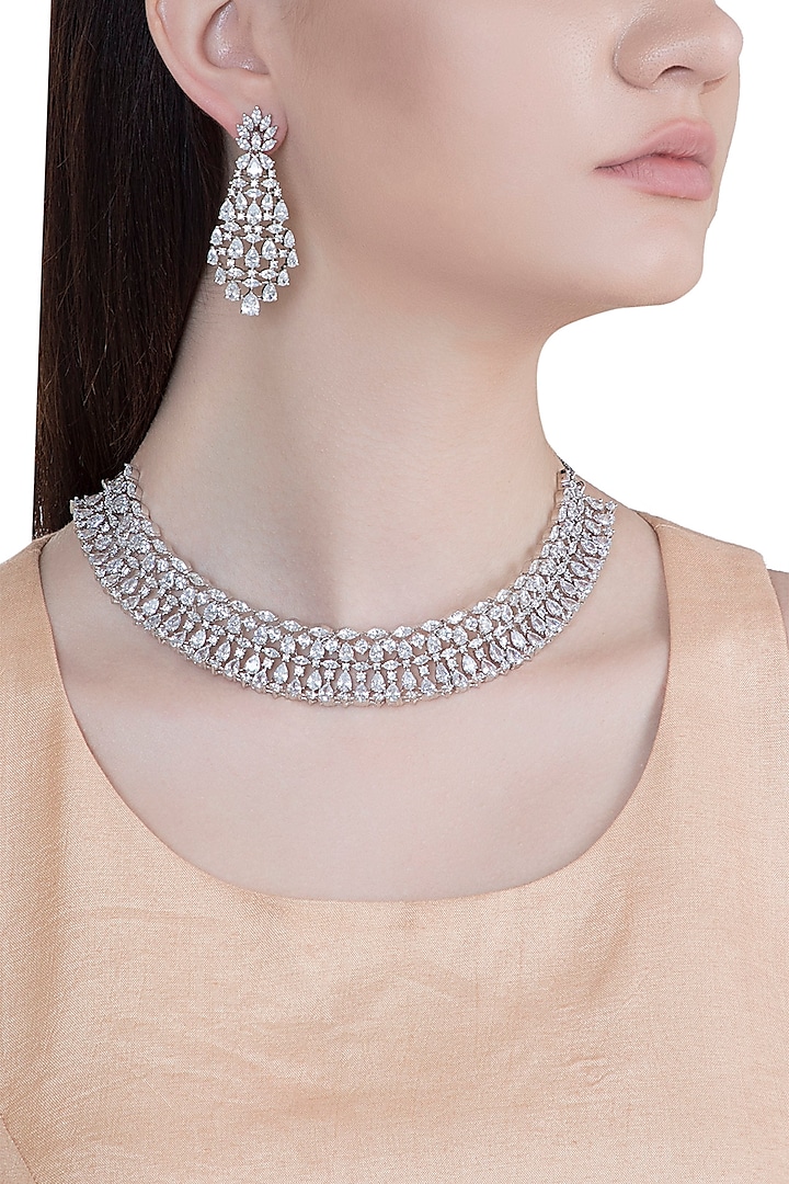 White Rhodium Plated Faux Diamond Necklace Set by Aster