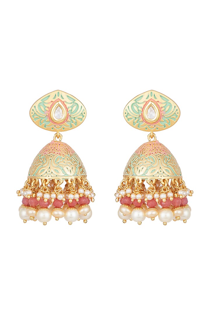Gold Plated Kundan, Pearl & Red Bead Green Jhumka Earrings by Aster at Pernia's Pop Up Shop