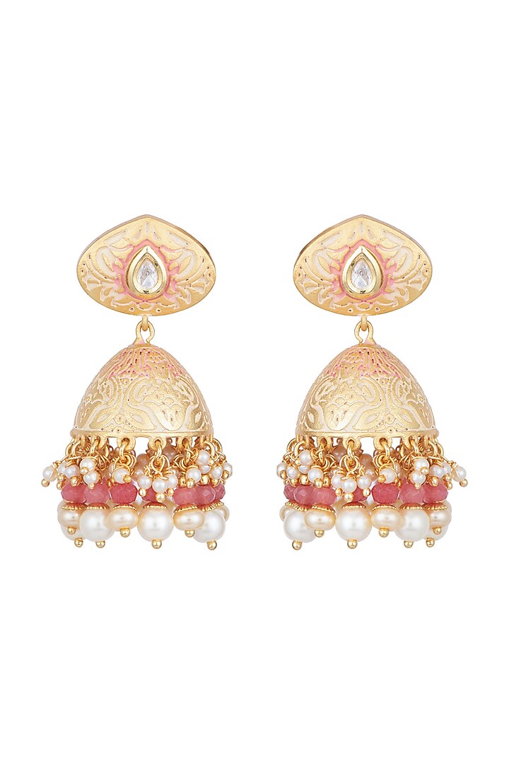 Yellow Rhodium Plated Kundan, Pearl & Red Bead Jhumka Earrings by Aster at Pernia's Pop Up Shop