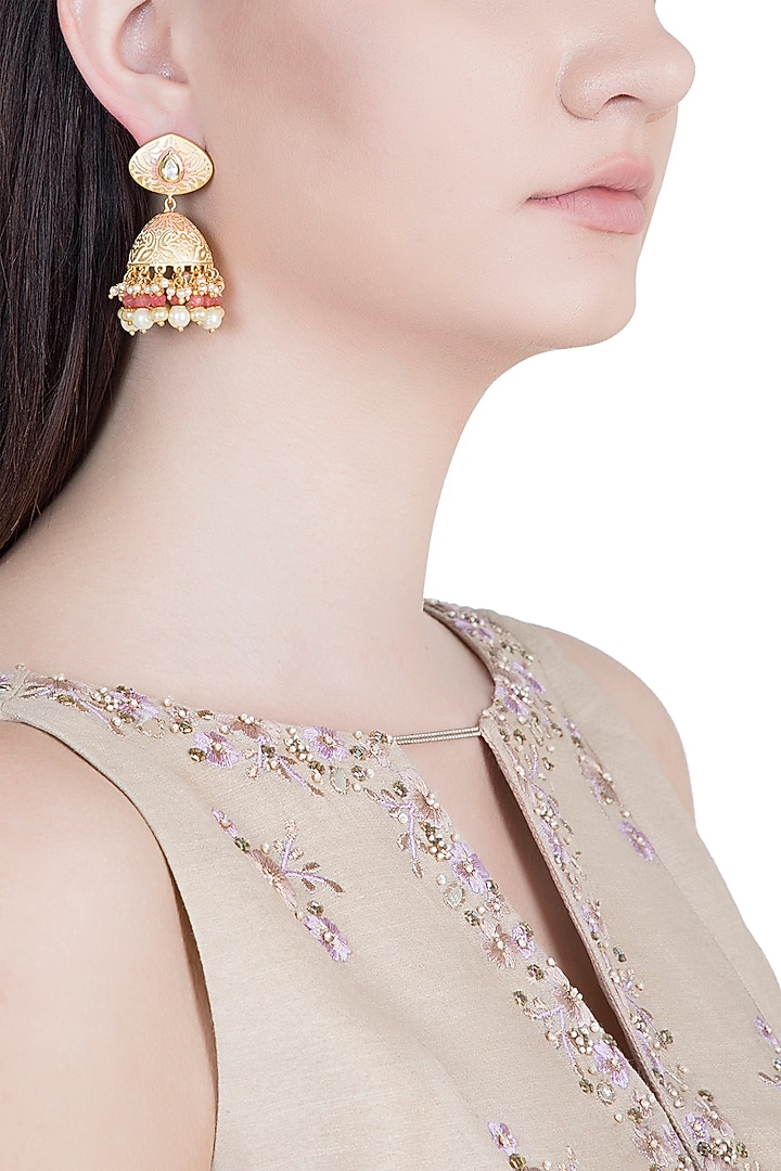 Yellow Rhodium Plated Kundan, Pearl & Red Bead Jhumka Earrings by Aster at Pernia's Pop Up Shop
