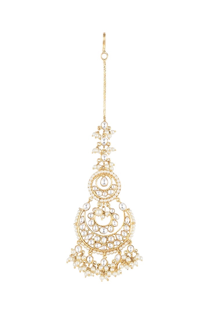 Yellow Rhodium Plated Kundan & Pearl Maangtika by Aster at Pernia's Pop Up Shop