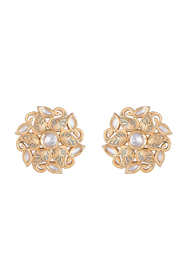 Gold Rhodium Finish Grey Kundan Stud Earrings by Aster at Pernia's Pop Up Shop