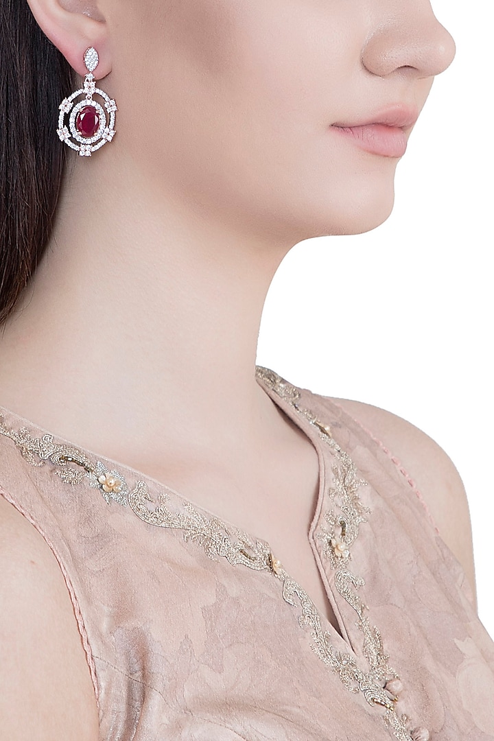 Rose Gold Plated Faux Diamond & Red Stone Earrings by Aster