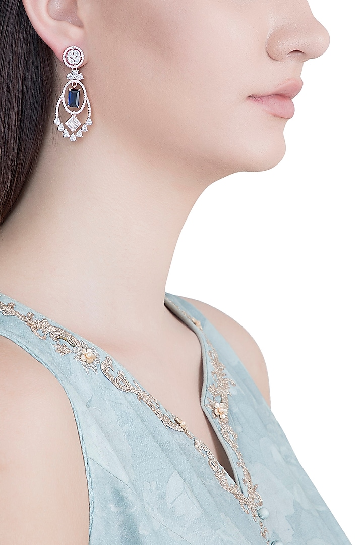 Rose Gold Plated Faux Diamond & Blue Stone Earrings by Aster