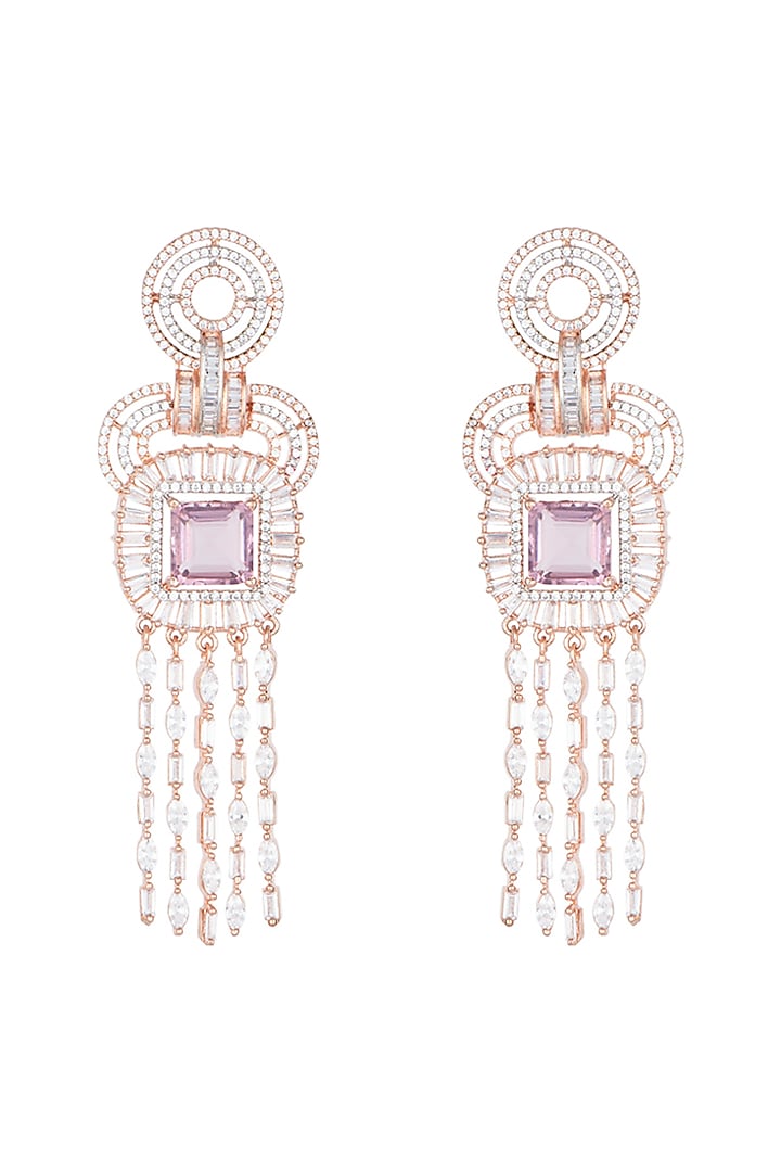 Rose Gold Plated Faux Diamond & Violet Stone Dangler Earrings by Aster at Pernia's Pop Up Shop