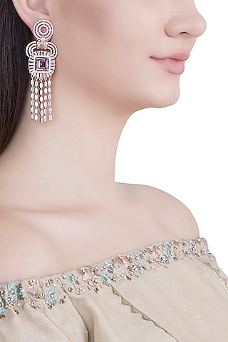 Rose Gold Plated Faux Diamond & Violet Stone Dangler Earrings by Aster