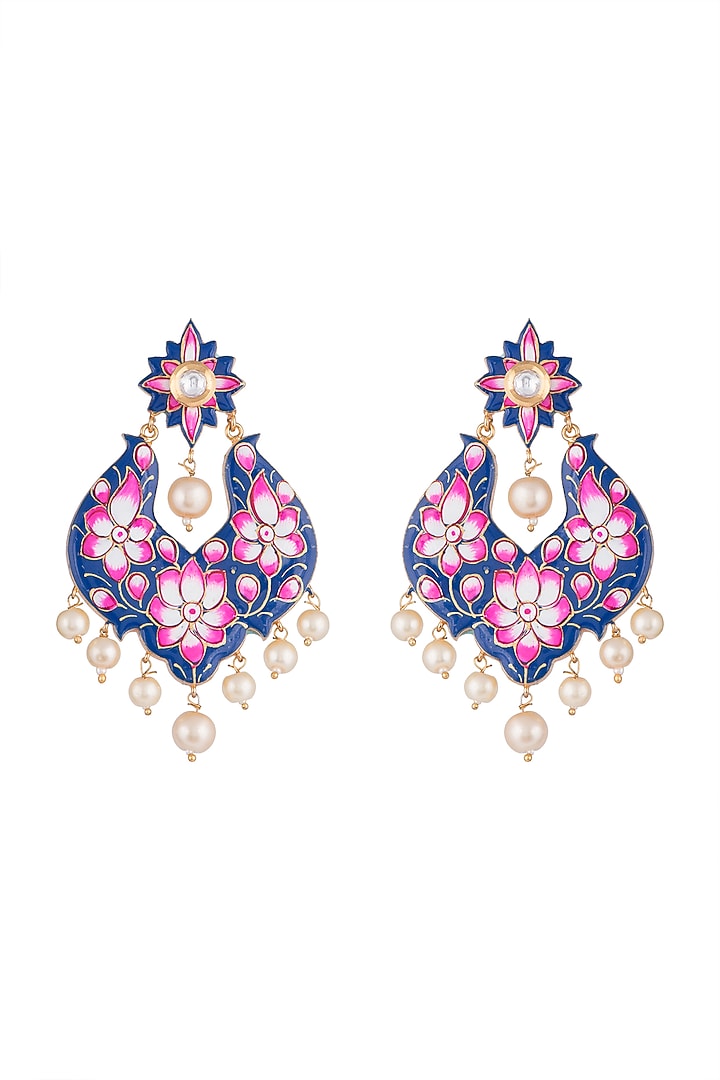 Gold Rhodium Finish Blue Meenakari Earrings by Aster at Pernia's Pop Up Shop