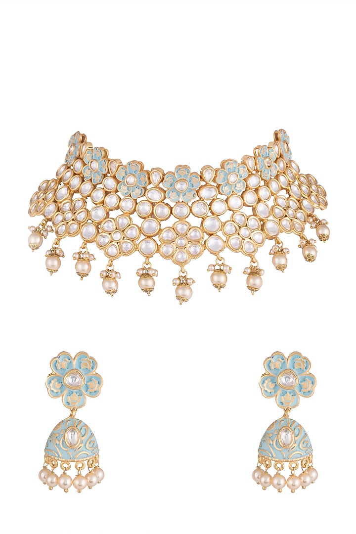 Gold Rhodium Finish Blue Enameled Kundan & Faux Pearl Necklace Set by Aster at Pernia's Pop Up Shop
