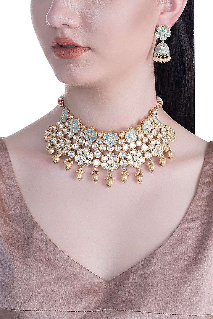 Gold Rhodium Finish Blue Enameled Kundan & Faux Pearl Necklace Set by Aster