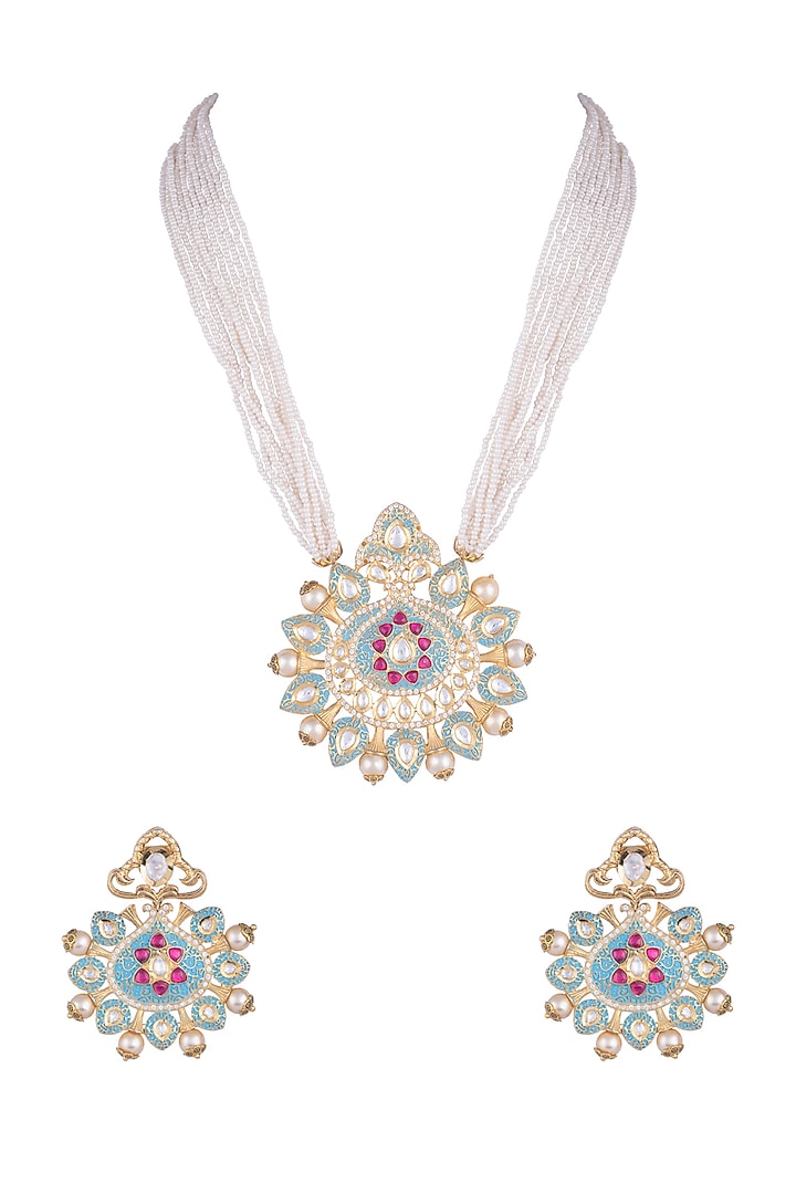 Gold Rhodium Finish Blue Enameled Kundan Necklace Set by Aster at Pernia's Pop Up Shop