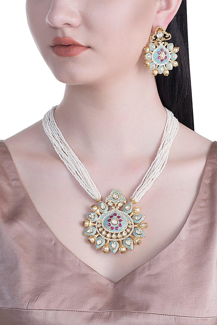 Gold Rhodium Finish Blue Enameled Kundan Necklace Set by Aster