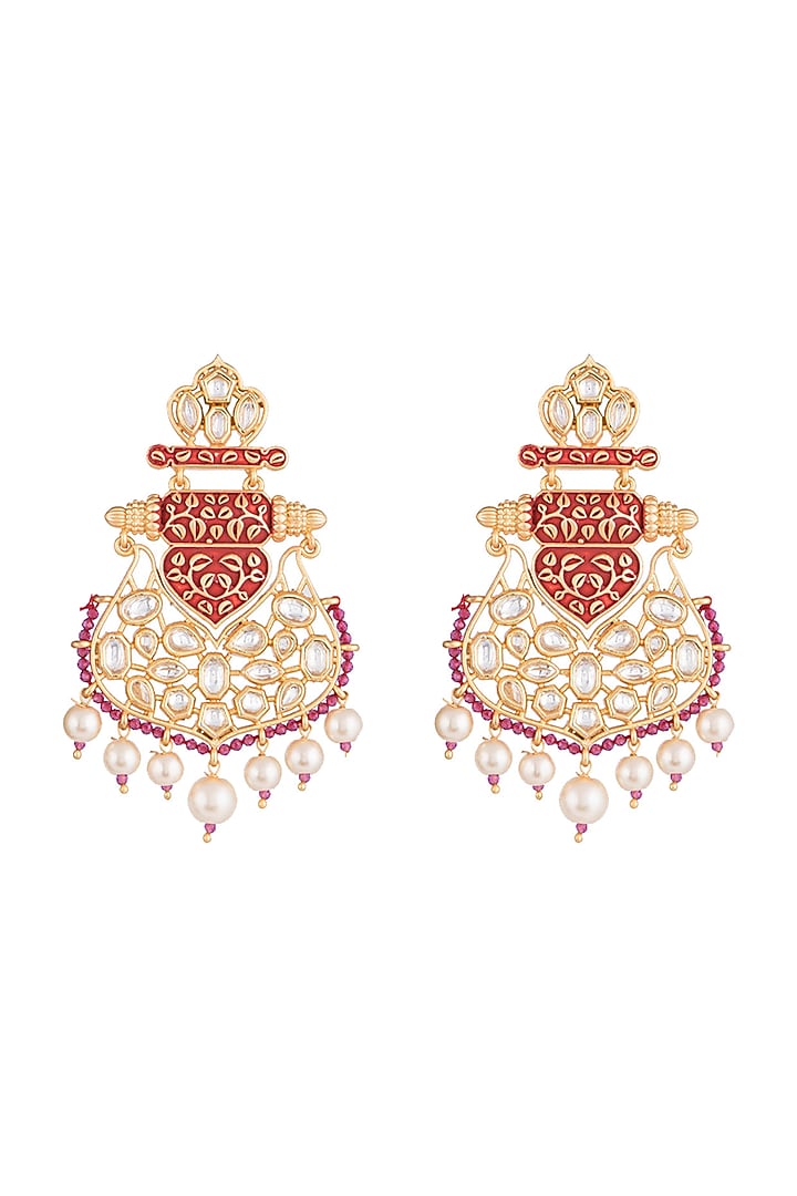 Gold Rhodium Finish Red Enameled Kundan Earrings by Aster at Pernia's Pop Up Shop