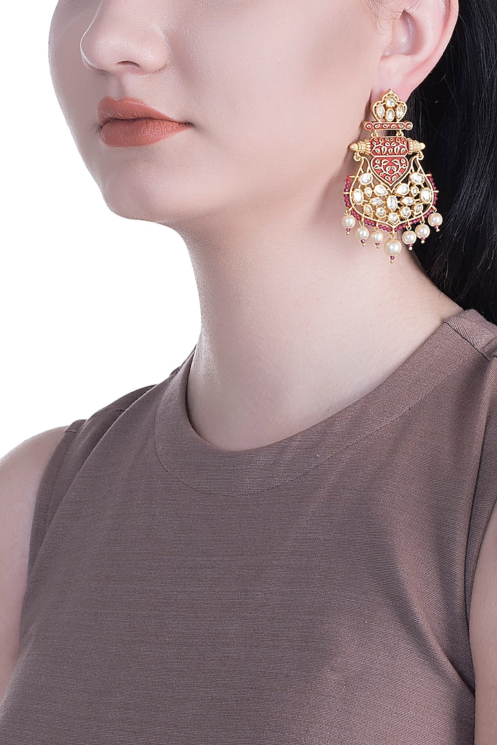 Gold Rhodium Finish Red Enameled Kundan Earrings by Aster