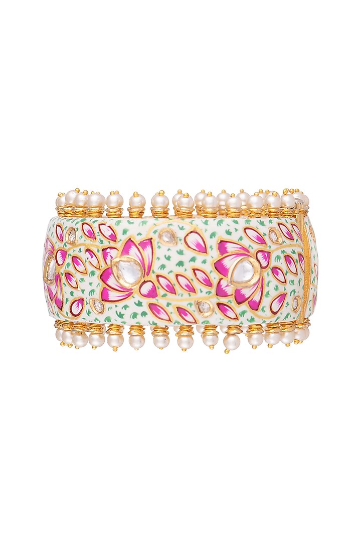 Gold Rhodium Finish Kundan & Pearl Meenakari Openable Bangle by Aster at Pernia's Pop Up Shop