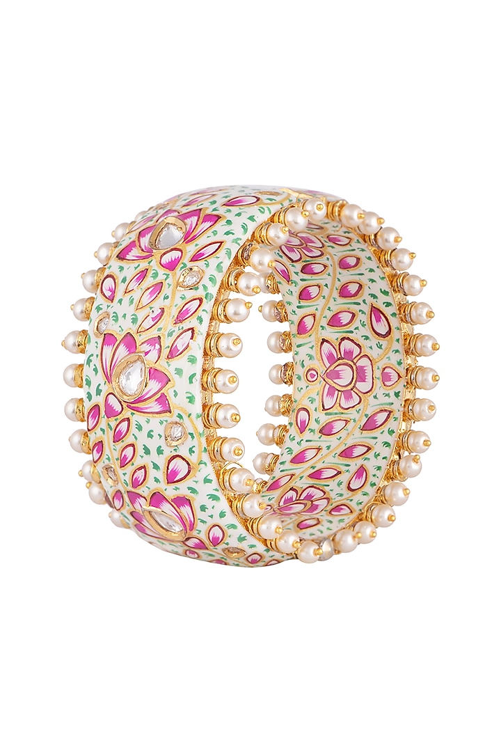 Gold Rhodium Finish Kundan & Pearl Meenakari Openable Bangle by Aster at Pernia's Pop Up Shop