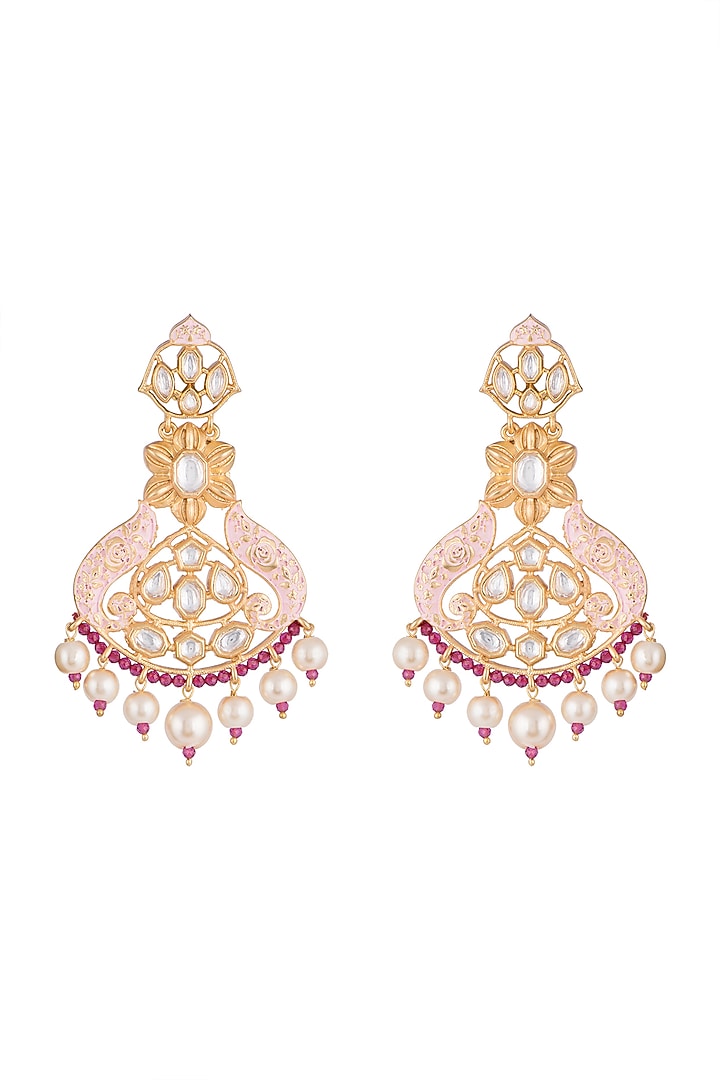 Gold Finish Pink Enameled Kundan & Pearl Earrings by Aster at Pernia's Pop Up Shop