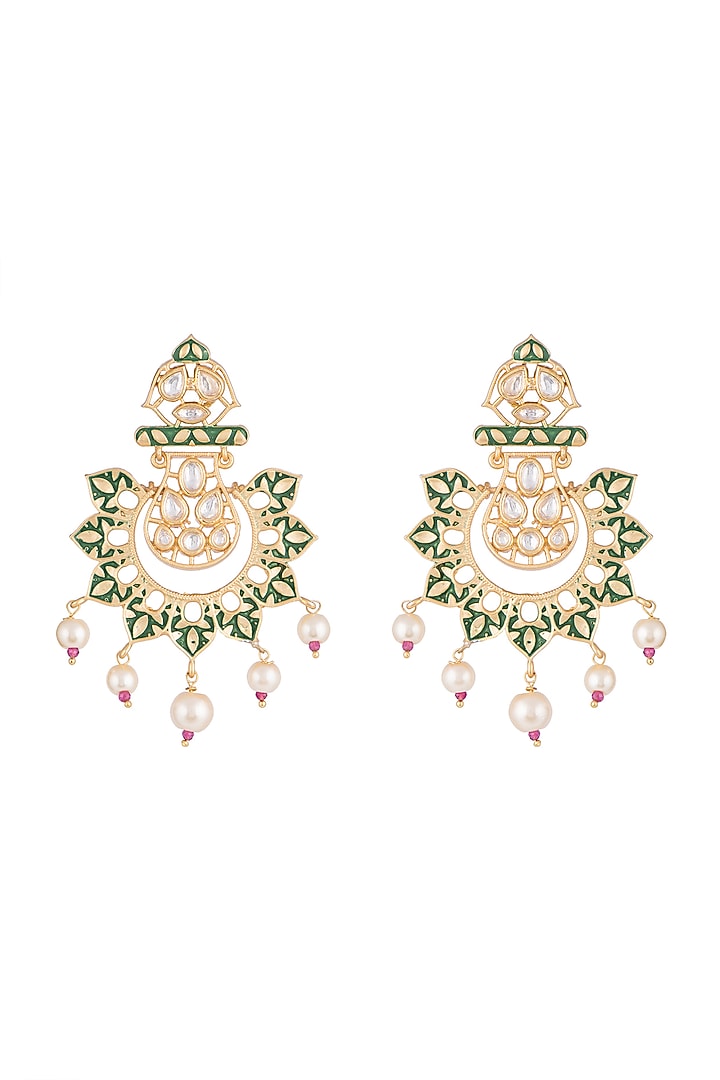 Gold Rhodium Finish Green Enameled Kundan & Pearl Earrings by Aster at Pernia's Pop Up Shop