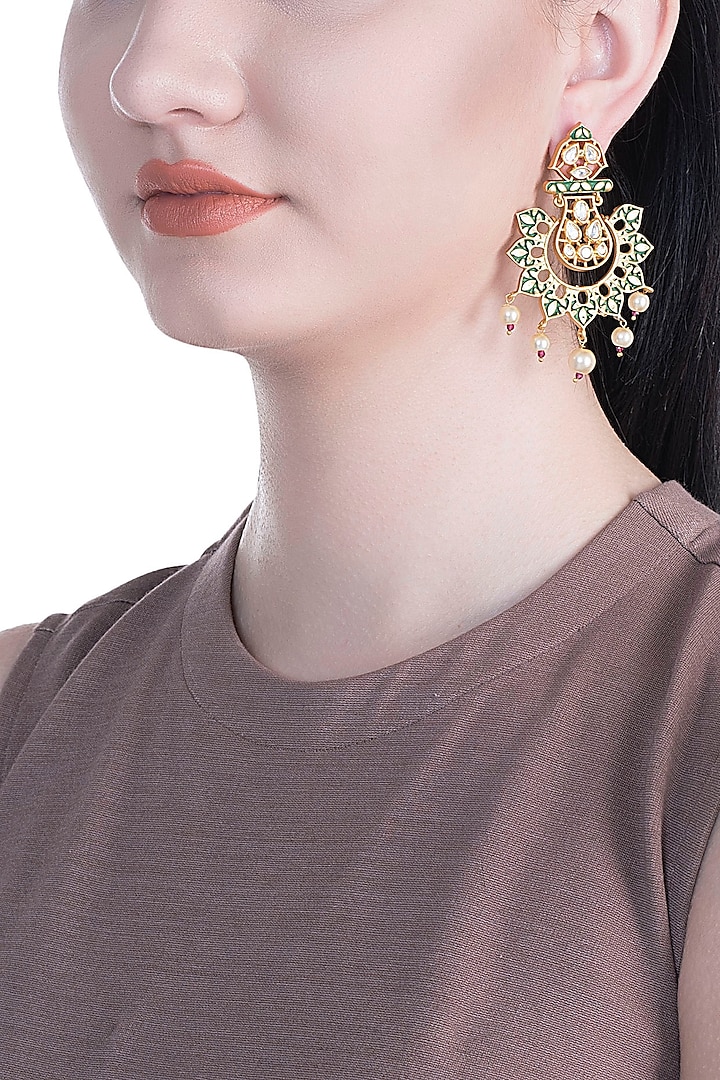 Gold Rhodium Finish Green Enameled Kundan & Pearl Earrings by Aster