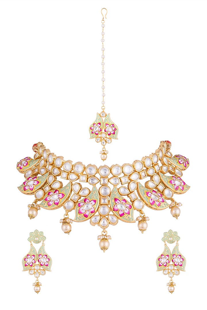 Gold Rhodium Finish Meenakari Choker Necklace Set With Maang Tikka by Aster at Pernia's Pop Up Shop