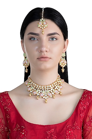 Gold Rhodium Finish Meenakari Choker Necklace Set With Maang Tikka by Aster