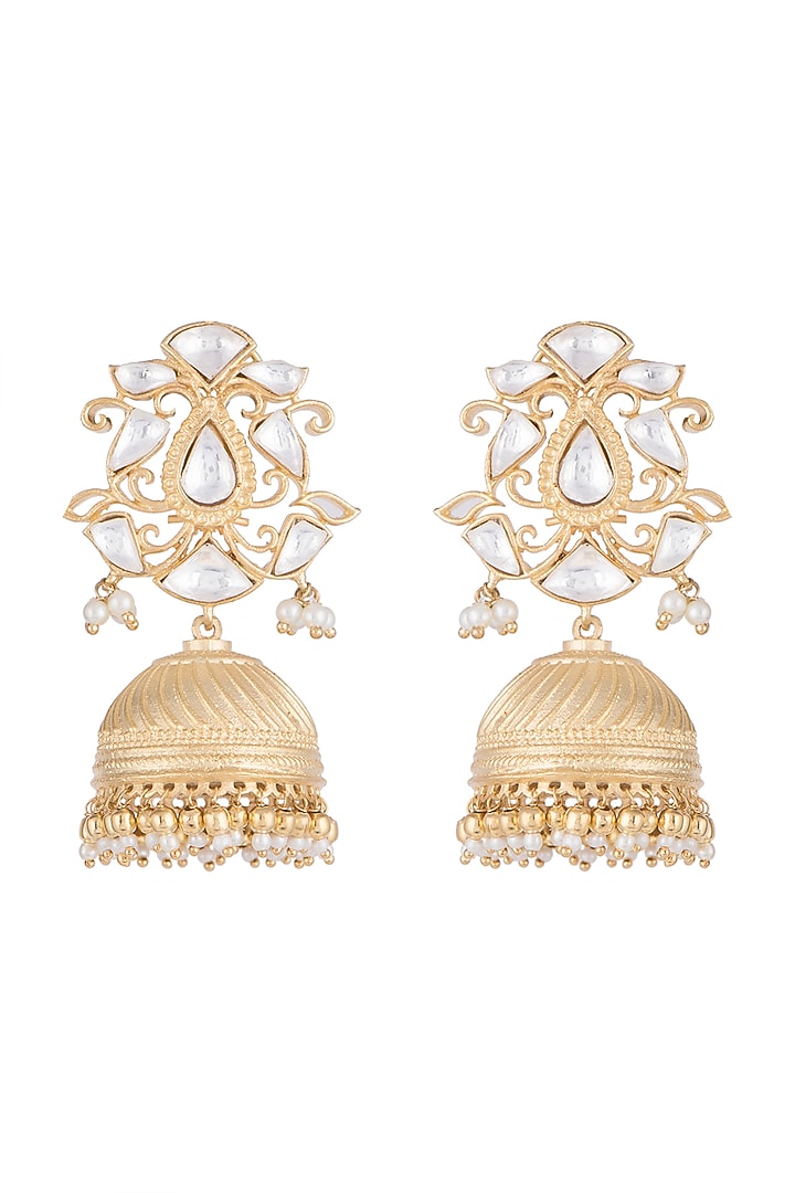 Gold Finish Kundan & Faux Pearl Jhumki Earrings by Aster at Pernia's Pop Up Shop