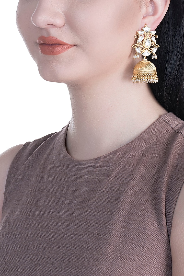 Gold Finish Kundan & Faux Pearl Jhumki Earrings by Aster