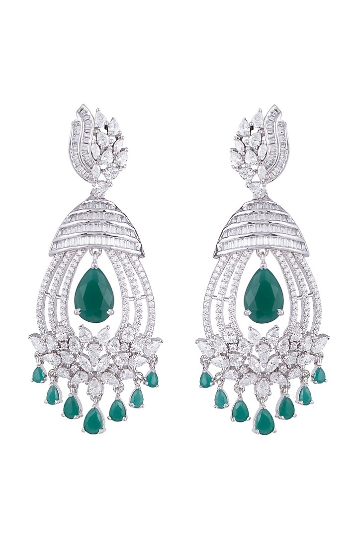 White Rhodium Finish Green Stone & Faux Diamond Earrings by Aster at Pernia's Pop Up Shop