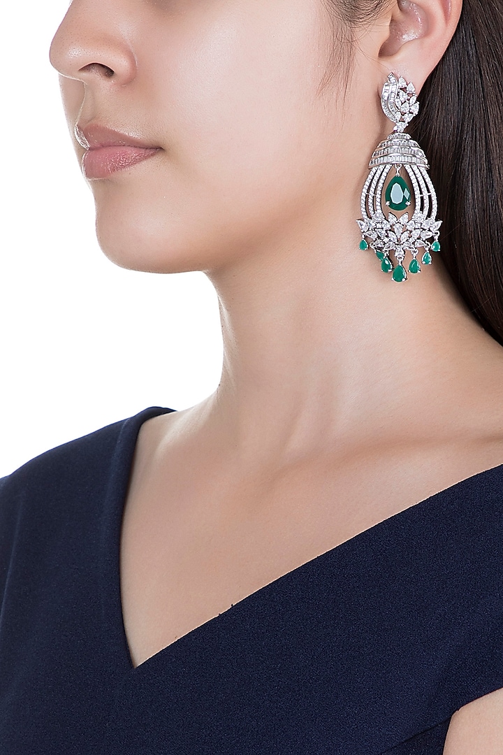 White Rhodium Finish Green Stone & Faux Diamond Earrings by Aster at Pernia's Pop Up Shop