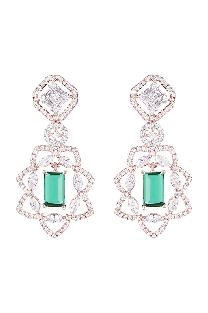 Rose Gold Finish Green Stone & Faux Diamond Long Earrings by Aster at Pernia's Pop Up Shop