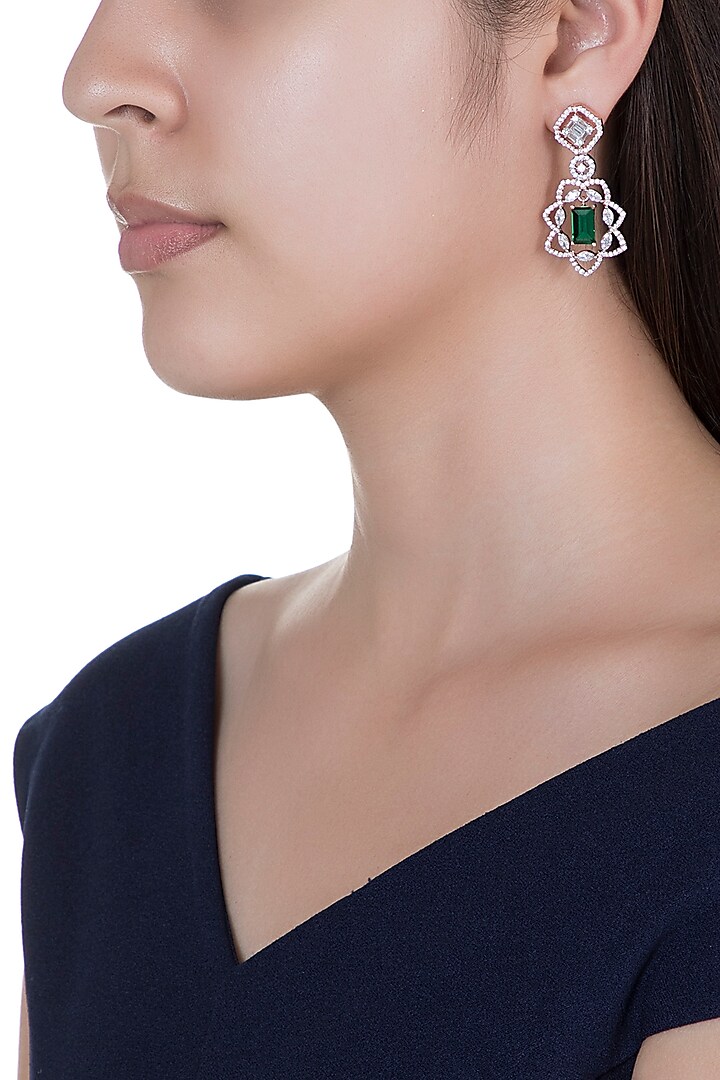 Rose Gold Finish Green Stone & Faux Diamond Long Earrings by Aster