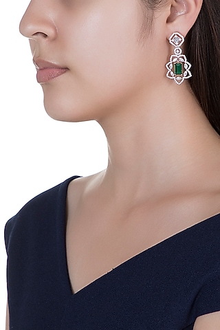 Rose Gold Finish Green Stone & Faux Diamond Long Earrings by Aster