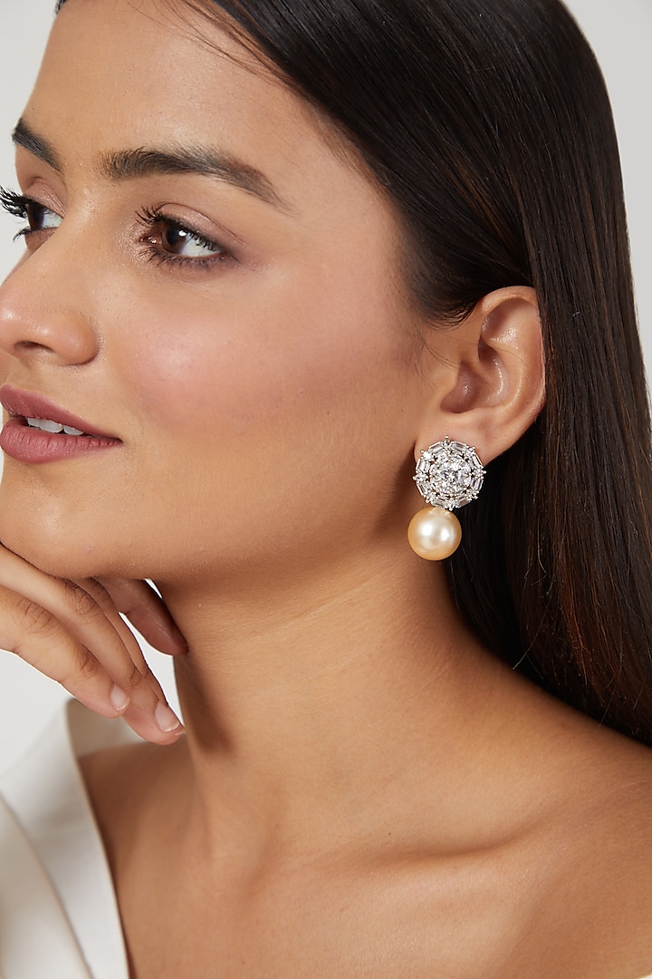 White Finish Diamond & Pearl Drop Earrings by Aster