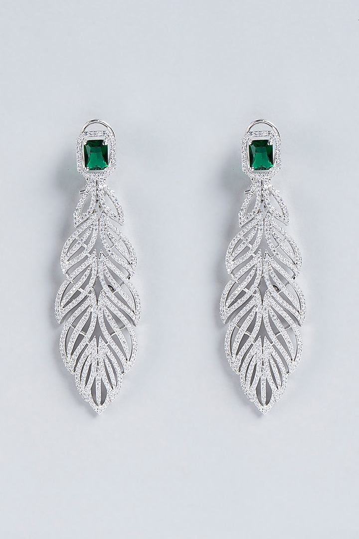 White Finish Emerald & Zircon Dangler Earrings by Aster at Pernia's Pop Up Shop