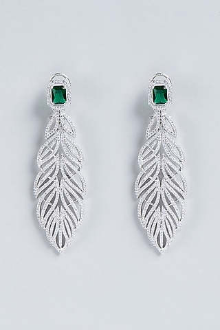 White Finish Emerald & Zircon Dangler Earrings  by Aster