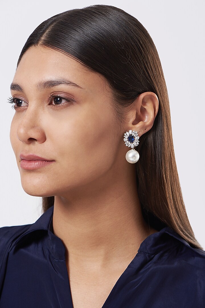 White Finish Pearl & Zircon Stud Earrings by Aster at Pernia's Pop Up Shop