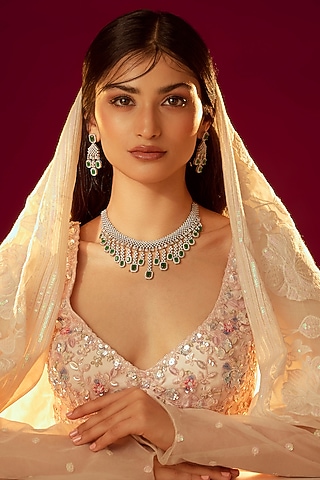 White Finish Faux Diamond Necklace Set by Aster