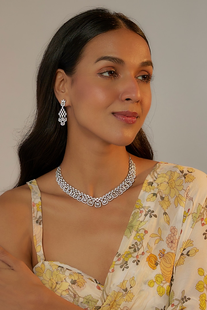 White Finish Faux Diamond Necklace Set Design by Aster at Pernia's Pop