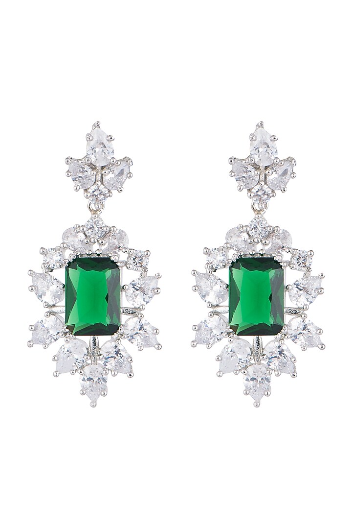 White Finish Faux Diamond & Green Stones Earrings by Aster at Pernia's Pop Up Shop